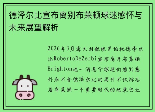 德泽尔比宣布离别布莱顿球迷感怀与未来展望解析